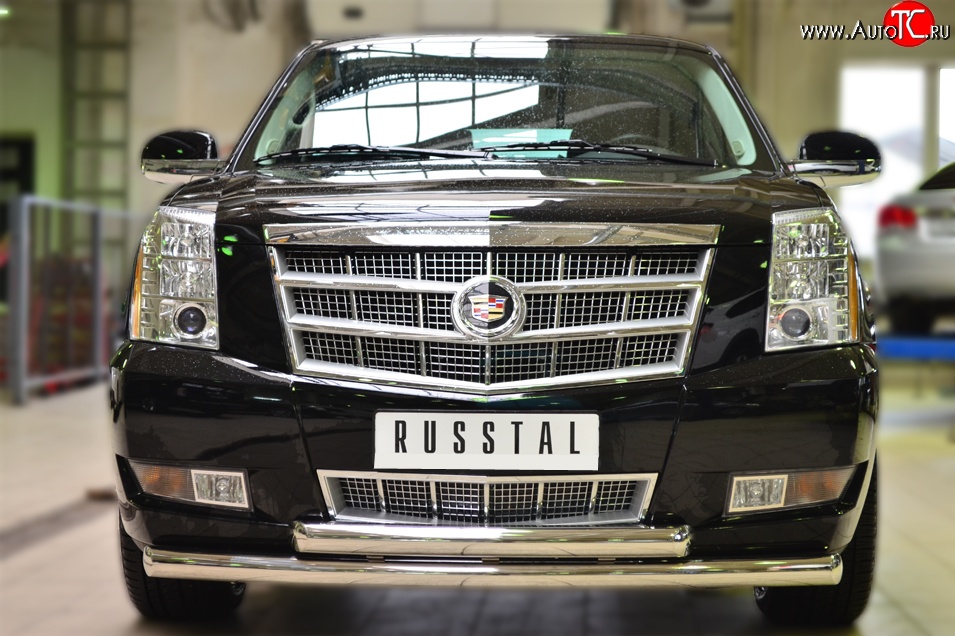 24 499 р. Защита переднего бампера (2 трубыØ76 мм, нержавейка) SLITKOFF  Cadillac Escalade  GMT926 джип 5 дв. (2006-2014) короткая база  с доставкой в г. Йошкар-Ола