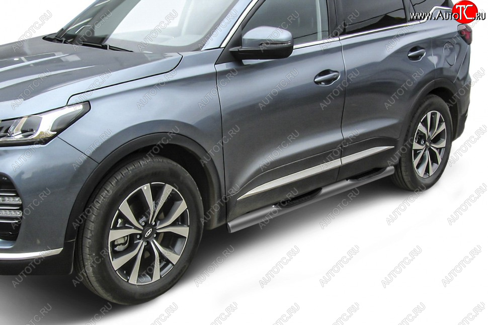 12 499 р. Защита порогов Slitkoff (Ø 76 мм, с проступями) Chery Tiggo 7 PRO (2019-2025) (Цвет: серебристый)  с доставкой в г. Йошкар-Ола