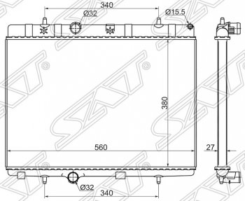 Радиатор двигателя SAT (пластинчатый, 1.6/1.6T/1.6TD/1.0/1.2T, МКПП) CITROEN (Ситроен) C-elysee (С-элизе)  дорестайлинг (2012-2017),  C2 (С2) (2003-2009),  C3 (С3) ( FC/FN,  дорестайлинг) (2002-2015),  DS3 (ДС3)  PF1 (2009-2016), Peugeot (Пежо) 1007 (2004-2009),  207 ( WK,  WA,  WC) (2006-2012),  208  1 (2012-2019),  301 (2012-2017)