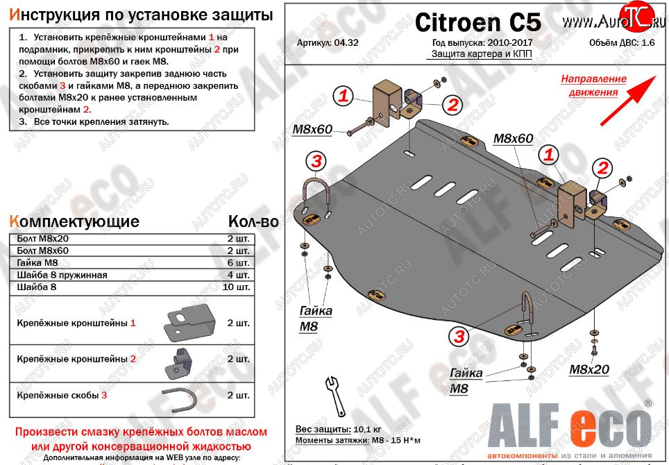 4 499 р. Защита картера двигателя и КПП (V-1,6MT) Alfeco CITROEN C5 RW доресталийнг, универсал (2008-2017) (Сталь 2 мм)  с доставкой в г. Йошкар-Ола