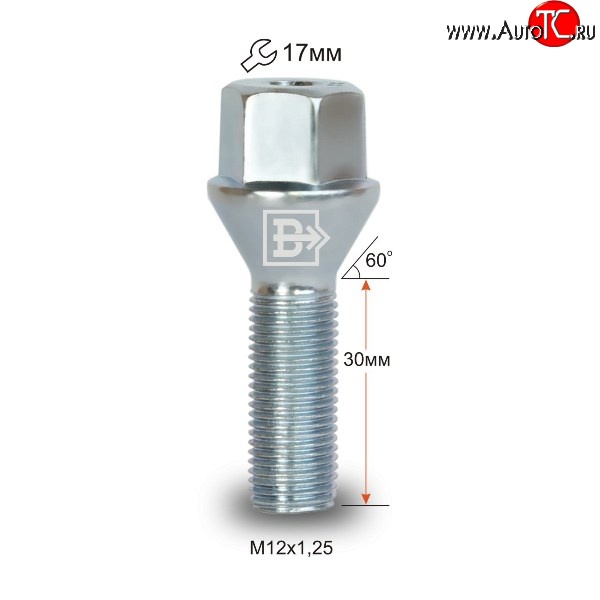 52 р. Колёсный болт длиной 30 мм Вектор M12 1.25 30 под гаечный ключ Лада Калина Cross 2194 универсал (2014-2018)