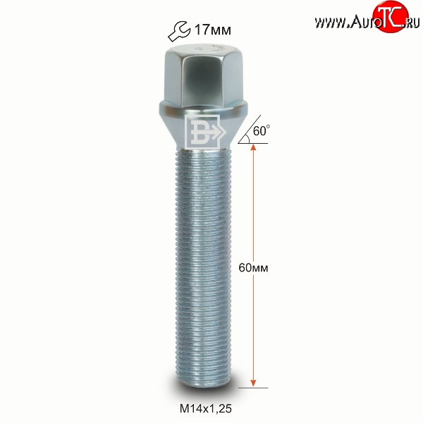 199 р. Колёсный болт длиной 60 мм Вектор M14 1.25 60 под гаечный ключ  Audi A4 B9, BMW A4 (B9), Ford Galaxy 2, Mini Galaxy (2), Toyota Supra (A90)  с доставкой в г. Йошкар-Ола