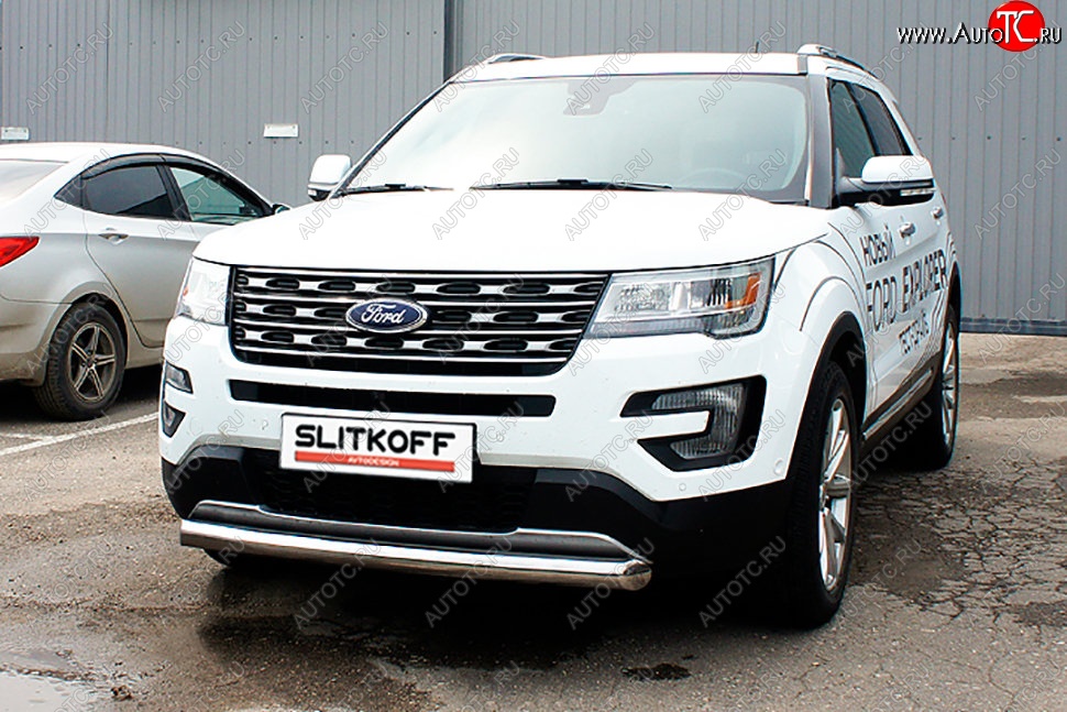 16 749 р. Защита переднего бампера Slitkoff (d76 мм)  Ford Explorer  U502 (2015-2018) 1-ый рестайлинг, 5 дв. (Нержавейка, Полированная)  с доставкой в г. Йошкар-Ола