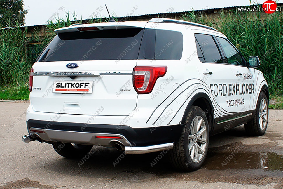 13 999 р. Защита заднего бампера Slitkoff (d76 мм, уголки)  Ford Explorer  U502 (2015-2018) 1-ый рестайлинг, 5 дв. (Нержавейка, Полированная)  с доставкой в г. Йошкар-Ола