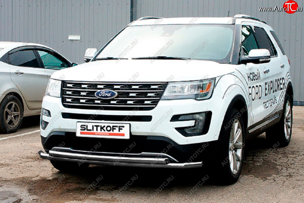 11 849 р. Защита переднего бампера Slitkoff (двойная, Ø57/57 мм)  Ford Explorer  U502 (2015-2018) 1-ый рестайлинг, 5 дв. (Цвет: серебристый)  с доставкой в г. Йошкар-Ола