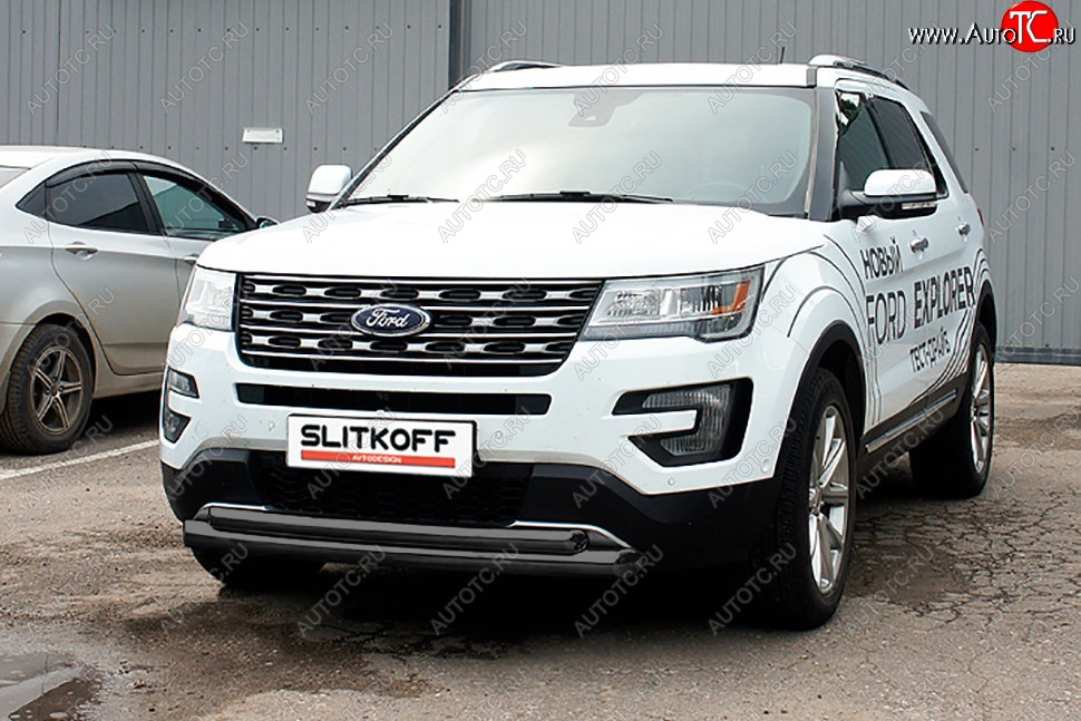 13 599 р. Защита переднего бампера Slitkoff (двойная, d76/57 мм) Ford Explorer U502 2-ой рестайлинг, 5 дв. (2017-2019) (Сталь с полимерным покрытием. Цвет: чёрный)  с доставкой в г. Йошкар-Ола