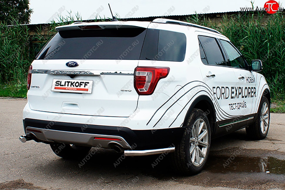 10 999 р. Защита заднего бампера Slitkoff (d57 мм, уголки)  Ford Explorer  U502 (2017-2019) 2-ой рестайлинг, 5 дв. (Нержавейка, Полированная)  с доставкой в г. Йошкар-Ола