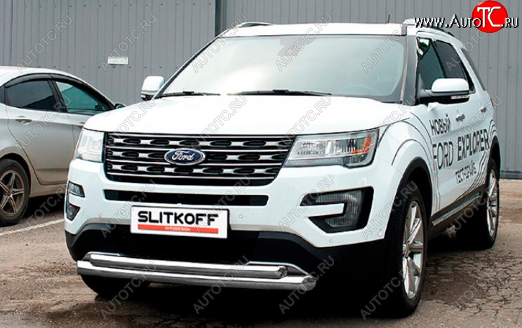 13 599 р. Защита переднего бампера Slitkoff (Ø 76+Ø 57, двойная).  Ford Explorer  U502 (2017-2019) 2-ой рестайлинг, 5 дв. (Сталь с полимерным покрытием. Цвет: серебристый)  с доставкой в г. Йошкар-Ола