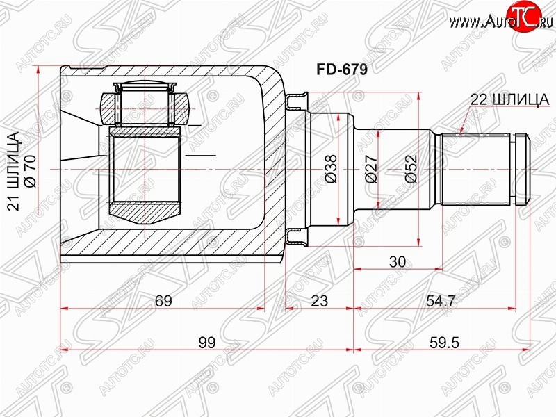 2 769 р. Шрус (внутренний/левый) SAT (шлицев 21*22, сальник 38 мм) Ford Fusion 1 хэтчбэк дорестайлинг (2002-2005)  с доставкой в г. Йошкар-Ола