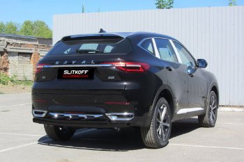 Защита заднего бампера (d57+d42) Slitkoff Haval F7x  дорестайлинг (2019-2022)  (Цвет: черный)