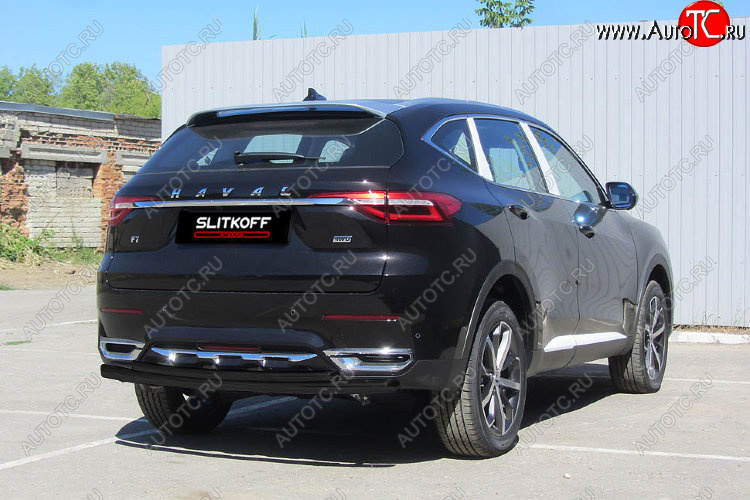 8 399 р. Защита заднего бампера (d57+d42) Slitkoff Haval F7x  дорестайлинг (2019-2022) (Цвет: черный)  с доставкой в г. Йошкар-Ола