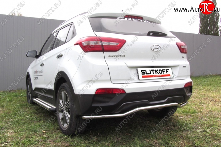 12 299 р. Защита заднего бампера из изогнутой трубы диаметром 42 мм Slitkoff Hyundai Creta GS дорестайлинг (2015-2019) (Нержавейка, Полированная)  с доставкой в г. Йошкар-Ола