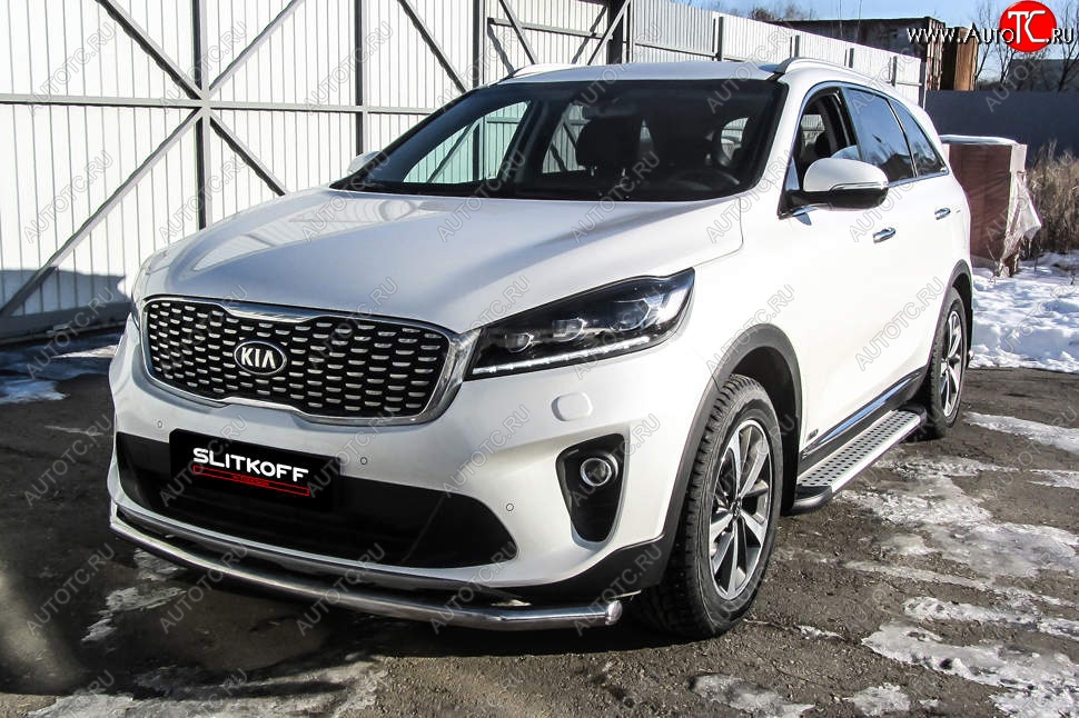 12 999 р. Защита переднего бампера Slitkoff (двойная, d57/42)  KIA Sorento  UM/Prime (2018-2020) рестайлинг (Нержавейка, Полированная)  с доставкой в г. Йошкар-Ола