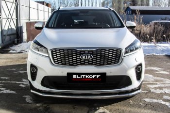 12 999 р. Защита переднего бампера Slitkoff (двойная, d57/42)  KIA Sorento  UM/Prime (2018-2020) рестайлинг (Нержавейка, Полированная)  с доставкой в г. Йошкар-Ола. Увеличить фотографию 2