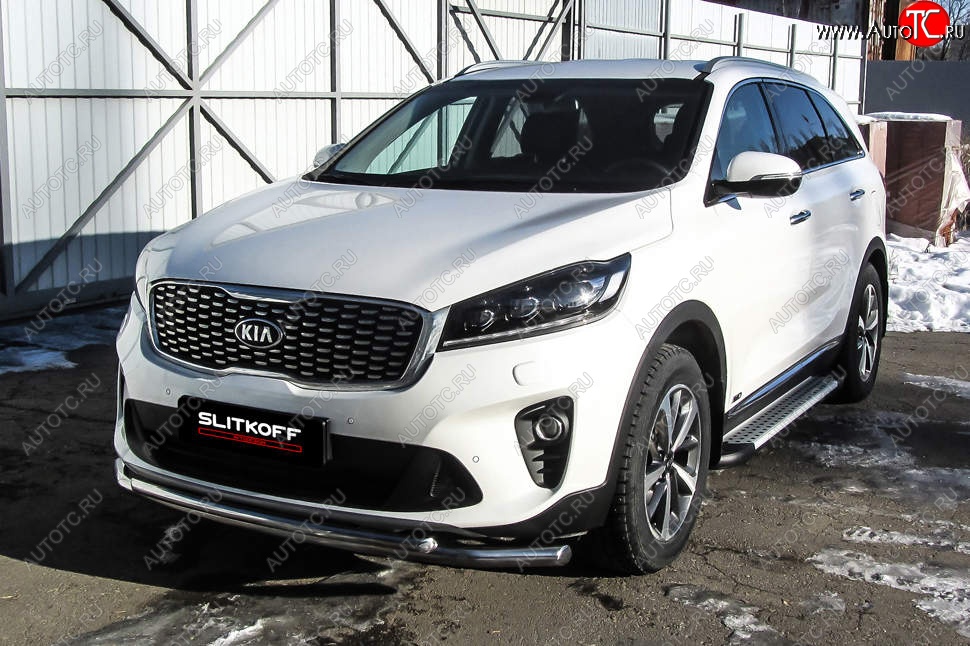 13 749 р. Защита переднего бампера Slitkoff (двойная, d57/42)  KIA Sorento  UM/Prime (2018-2020) рестайлинг (Нержавейка, Полированная)  с доставкой в г. Йошкар-Ола