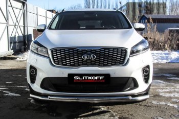 13 749 р. Защита переднего бампера Slitkoff (двойная, d57/42)  KIA Sorento  UM/Prime (2018-2020) рестайлинг (Нержавейка, Полированная)  с доставкой в г. Йошкар-Ола. Увеличить фотографию 2