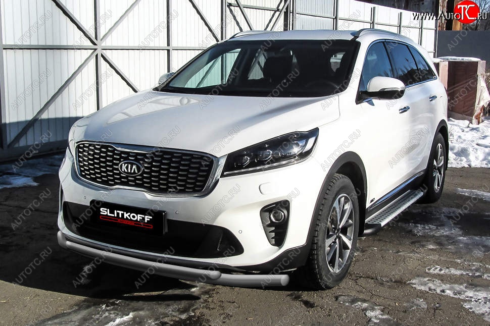 9 649 р. Защита переднего бампера Slitkoff (двойная, d57/42)  KIA Sorento  UM/Prime (2018-2020) рестайлинг (Сталь с полимерным покрытием. Цвет: серебристый)  с доставкой в г. Йошкар-Ола