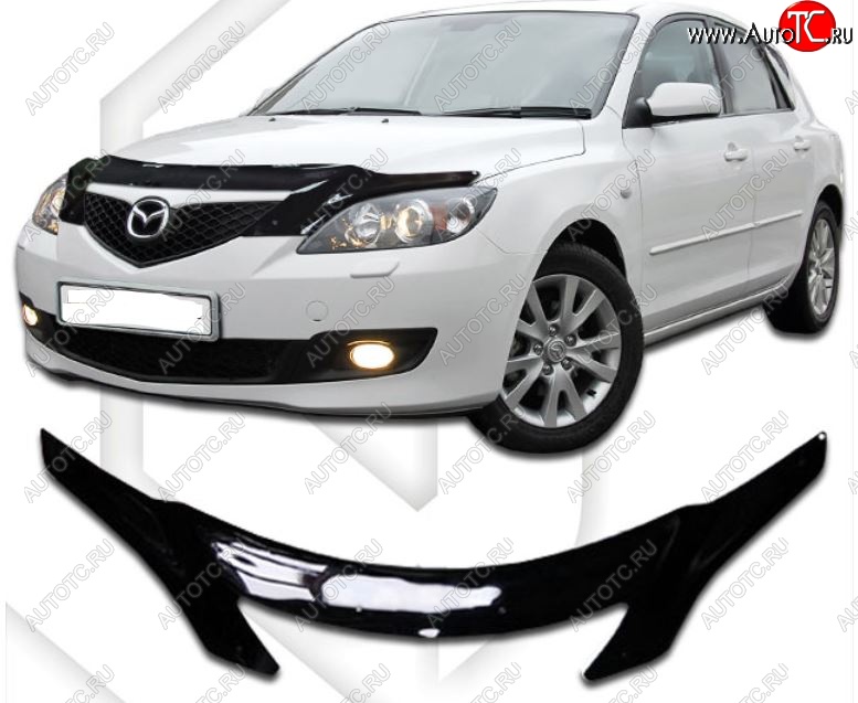 2 599 р. Дефлектор капота CA-Plastiс  Mazda 3/Axela  BK (2003-2009) дорестайлинг, хэтчбэк, рестайлинг, хэтчбэк (Classic черный, Без надписи)  с доставкой в г. Йошкар-Ола