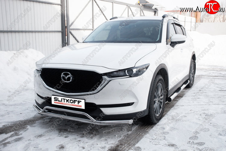 14 999 р. Защита переднего бампера Slitkoff (Ø 57+Ø 32, двойная).  Mazda CX-5  KF (2016-2025) (Нержавеющая сталь)  с доставкой в г. Йошкар-Ола