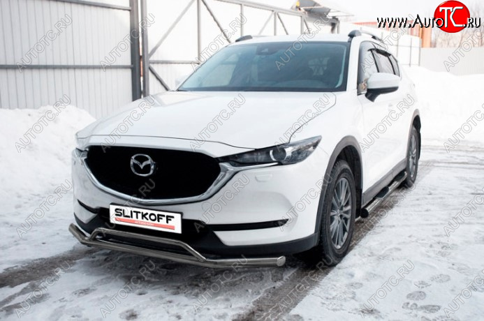 11 799 р. Защита переднего бампера Slitkoff (Ø 57+Ø 32, двойная). Mazda CX-5 KF (2016-2024) (Сталь с полимерным покрытием. Цвет: серебристый)  с доставкой в г. Йошкар-Ола