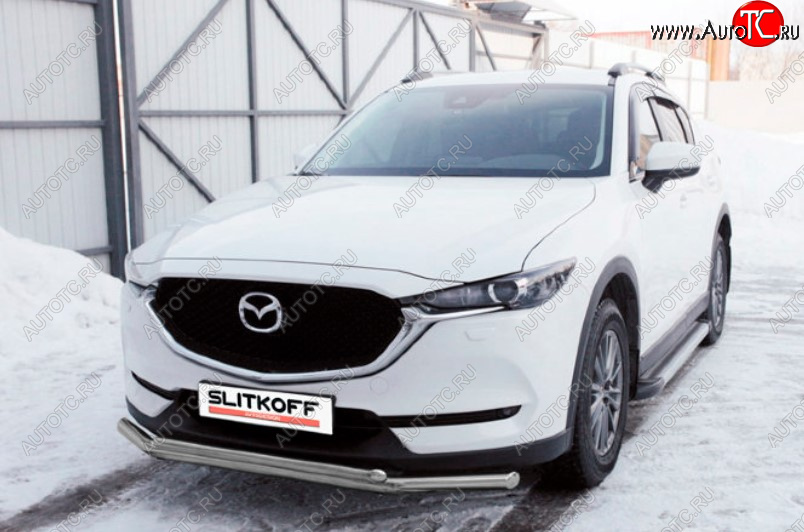 11 899 р. Защита переднего бампера Slitkoff (Ø 57+Ø 42, двойная). Mazda CX-5 KF (2016-2024) (Сталь с полимерным покрытием. Цвет: серебристый)  с доставкой в г. Йошкар-Ола