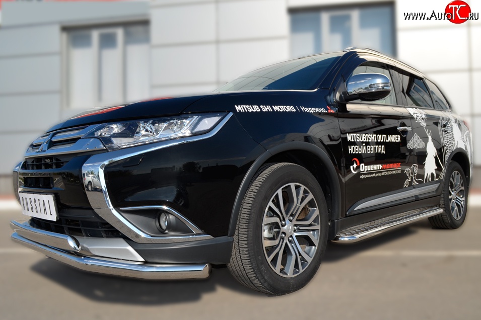 22 949 р. Защита переднего бампера (2 трубыØ75х42 и 63 мм, нержавейка) Russtal Mitsubishi Outlander GF 2-ой рестайлинг (2015-2018)  с доставкой в г. Йошкар-Ола