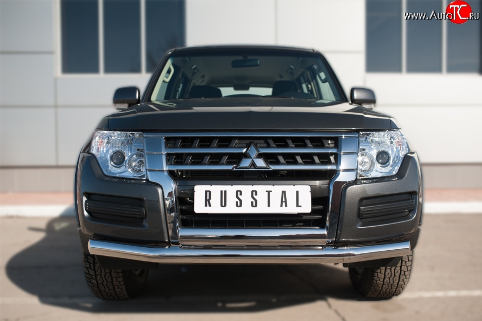 22 949 р. Защита переднего бампера (2 трубы Ø76 и 75х42 мм, нержавейка) Russtal Mitsubishi Pajero 4 V90 2-ой рестайлинг (2014-2020)  с доставкой в г. Йошкар-Ола