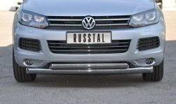 22 549 р. Защита переднего бампера (2 трубыØ76 и 63 мм, нержавейка) SLITKOFF  Volkswagen Touareg  NF (2010-2014) дорестайлинг  с доставкой в г. Йошкар-Ола. Увеличить фотографию 1