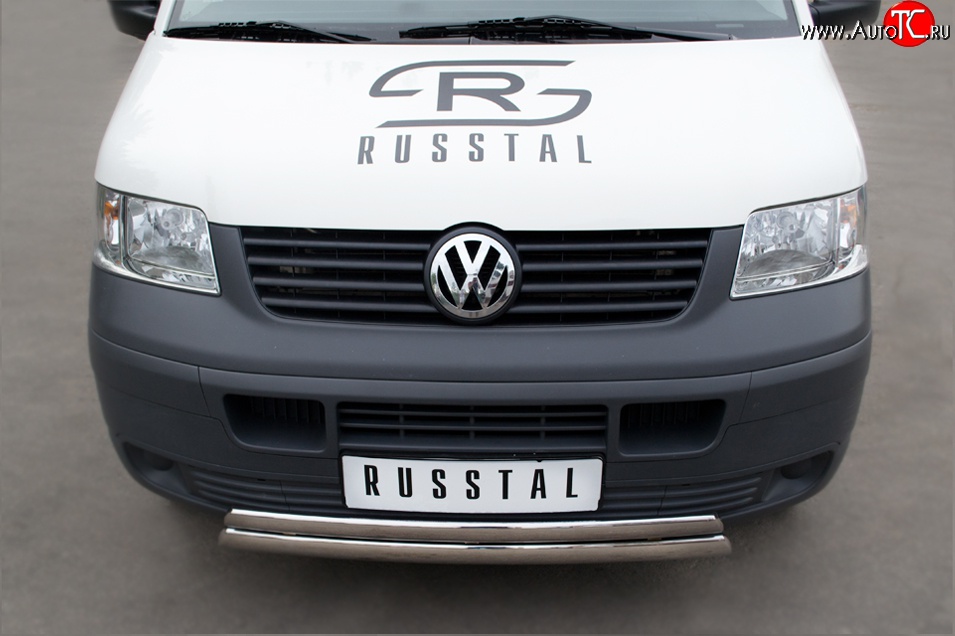 22 299 р. Защита переднего бампера (2 трубыØ75х42 мм, нержавейка) Russtal Volkswagen Transporter T5 дорестайлинг (2003-2009)  с доставкой в г. Йошкар-Ола