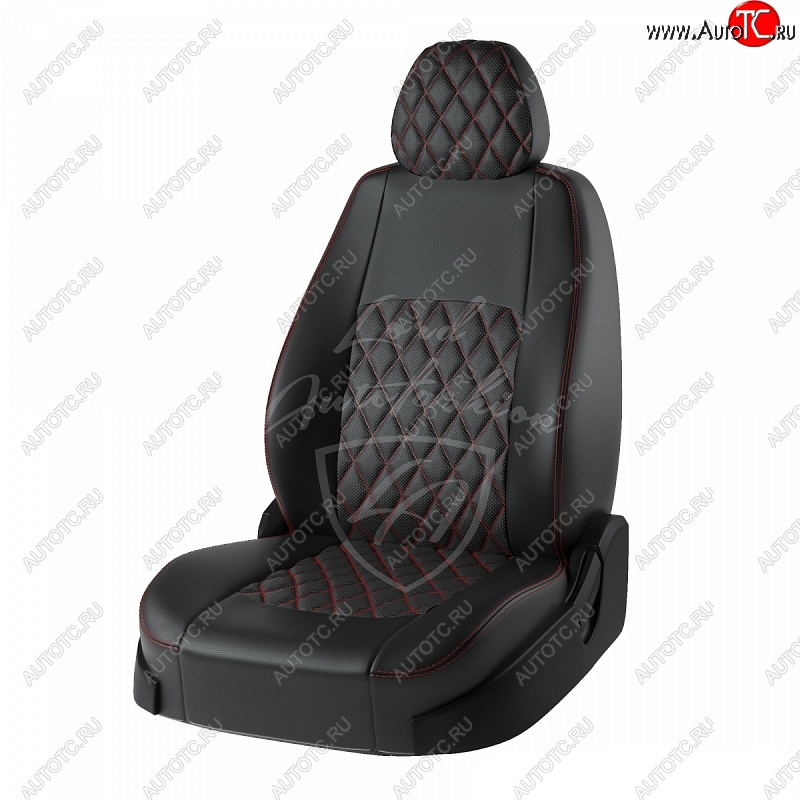 7 099 р. Чехлы для сидений Lord Autofashion Турин Ромб (экокожа) Nissan Almera G15 седан (2012-2019) (Черный, вставка черная, строчка красная)  с доставкой в г. Йошкар-Ола