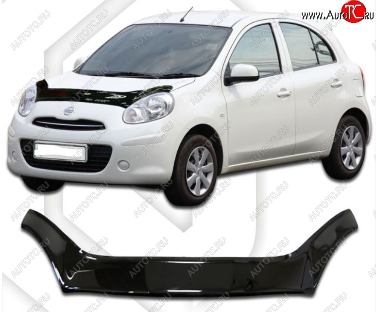 2 369 р. Дефлектор капота CA-Plastiс exclusive Nissan Micra K13 5 дв. дорестайлинг (2010-2013) (Classic черный, Без надписи)  с доставкой в г. Йошкар-Ола