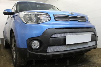 4 799 р. Защитная сетка в бампер (2 части, ячейка 3х7 мм) Alfeco Стандарт KIA Soul PS рестайлинг (2017-2019) (Хром)  с доставкой в г. Йошкар-Ола. Увеличить фотографию 2