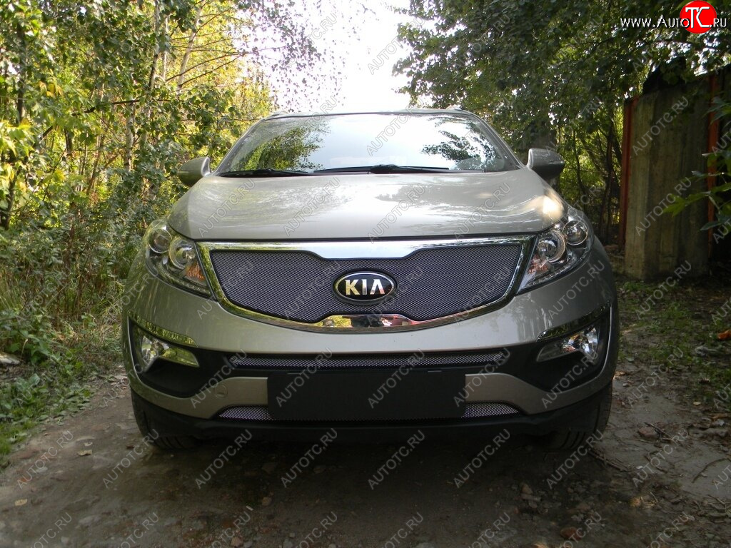 4 299 р. Защитная сетка в бампер (верх, ячейка 3х7 мм) Alfeco Стандарт  KIA Sportage  3 SL (2010-2014) дорестайлинг (Хром)  с доставкой в г. Йошкар-Ола