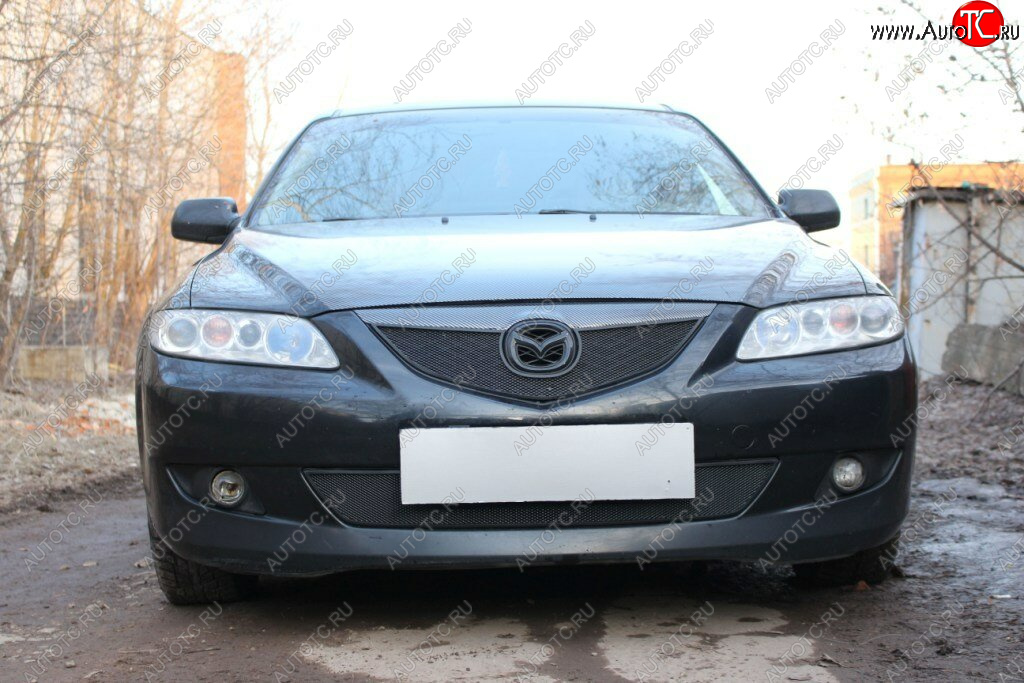 3 099 р. Защитная сетка в бампер (верх, ячейка 3х7 мм) Alfeco Стандарт Mazda 6 GG лифтбэк дорестайлинг (2002-2005) (Чёрная)  с доставкой в г. Йошкар-Ола