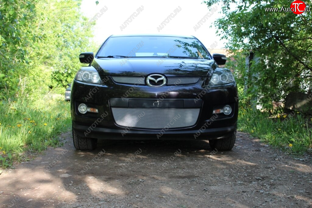 3 999 р. Защитная сетка в бампер (низ, ячейка 3х7 мм) Alfeco Стандарт  Mazda CX-7  ER (2006-2010) дорестайлинг (Хром)  с доставкой в г. Йошкар-Ола