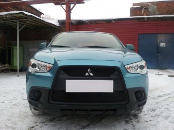 Защитная сетка в бампер (верх, 2 части, ячейка 3х7 мм) Alfeco Стандарт Mitsubishi ASX дорестайлинг (2010-2012)  (Чёрная)