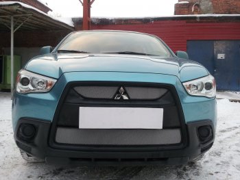 Защитная сетка в бампер (верх, 2 части, ячейка 3х7 мм) Alfeco Стандарт Mitsubishi ASX дорестайлинг (2010-2012)  (Хром)