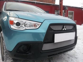 3 779 р. Защитная сетка в бампер (низ, ячейка 3х7 мм) Alfeco Стандарт  Mitsubishi ASX (2010-2012) дорестайлинг (Хром)  с доставкой в г. Йошкар-Ола. Увеличить фотографию 2