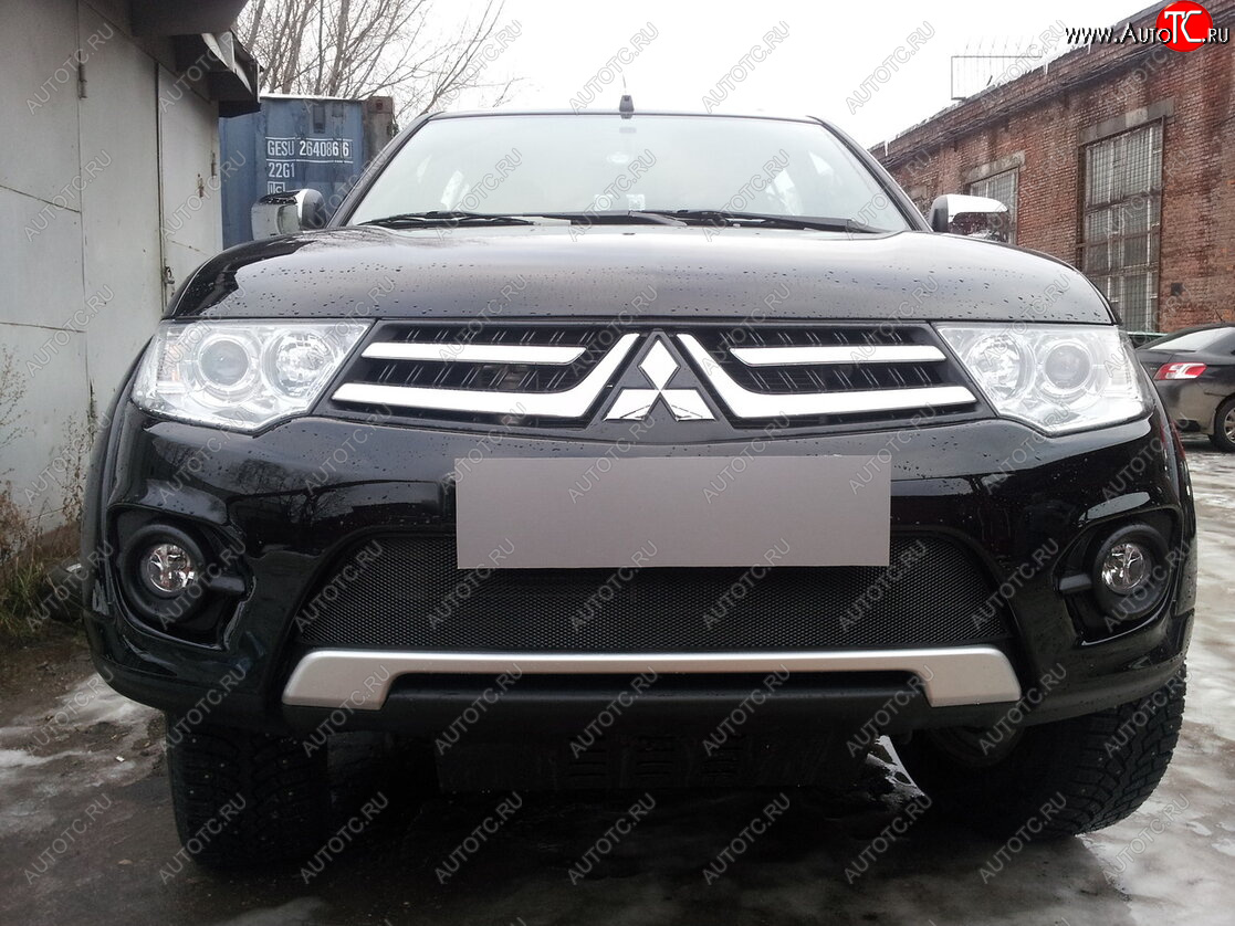 4 099 р. Защитная сетка в бампер (низ, ячейка 3х7 мм) Alfeco Стандарт  Mitsubishi L200  4 - Pajero Sport  PB (Чёрная)  с доставкой в г. Йошкар-Ола