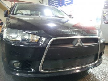 Защитная сетка в бампер (3 части, ячейка 3х7 мм) Alfeco Стандарт Mitsubishi Lancer 10 седан рестайлинг (2011-2017)  (Чёрная)