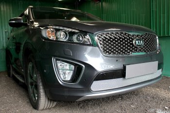 4 499 р. Защитная сетка в бампер (низ, ячейка 4х10 мм) Alfeco Премиум KIA Sorento UM/Prime дорестайлинг (2014-2018) (Хром)  с доставкой в г. Йошкар-Ола. Увеличить фотографию 2