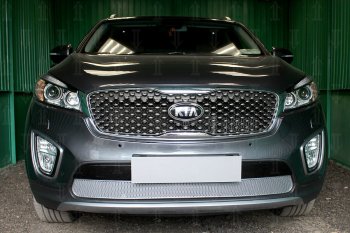 Защитная сетка в бампер (низ, ячейка 4х10 мм) Alfeco Премиум KIA Sorento UM/Prime дорестайлинг (2014-2018)  (Хром)