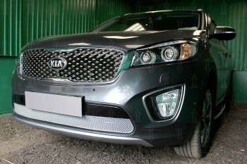 4 499 р. Защитная сетка в бампер (низ, ячейка 4х10 мм) Alfeco Премиум KIA Sorento UM/Prime дорестайлинг (2014-2018) (Хром)  с доставкой в г. Йошкар-Ола. Увеличить фотографию 3