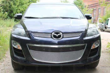 Защитная сетка в бампер (верх, 2 части, ячейка 4х10 мм) Alfeco Премиум Mazda CX-7 ER рестайлинг (2010-2012) ()