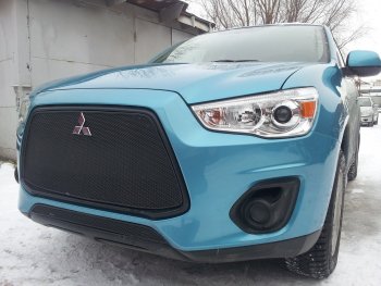 3 679 р. Защитная сетка в бампер (низ, ячейка 4х10 мм) Alfeco Премиум Mitsubishi ASX 1-ый рестайлинг (2013-2016) (Чёрная)  с доставкой в г. Йошкар-Ола. Увеличить фотографию 2