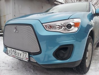 5 999 р. Защитная сетка в бампер (верх, ячейка 4х10 мм) Alfeco Премиум Mitsubishi ASX 1-ый рестайлинг (2013-2016) (Хром)  с доставкой в г. Йошкар-Ола. Увеличить фотографию 3