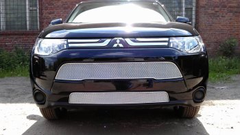 Защитная сетка в бампер (верх, ячейка 3х7 мм) Alfeco Стандарт Mitsubishi Outlander GF дорестайлинг (2012-2014)  (Хром)