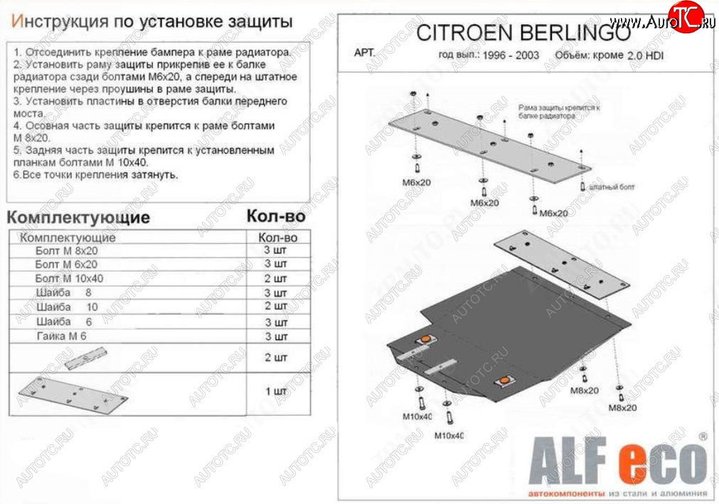 11 799 р. Защита картера двигателя и КПП (кроме 2,0 HDI) ALFECO  CITROEN Berlingo  M49 (1996-2003) дорестайлинг (Алюминий 4 мм)  с доставкой в г. Йошкар-Ола