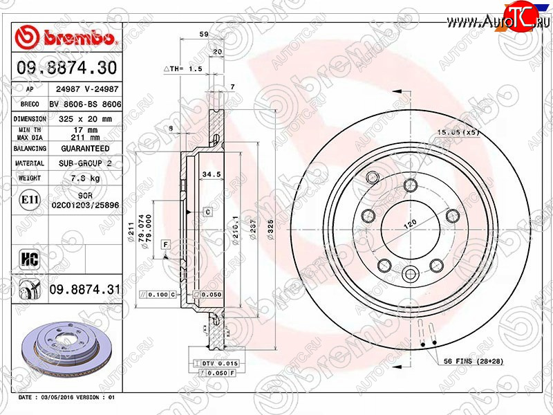 6 849 р. Задний тормозной диск (вентилируемый, d 325) BREMBO дизель Land Rover Range Rover Sport 1 L320 дорестайлинг (2005-2009)  с доставкой в г. Йошкар-Ола