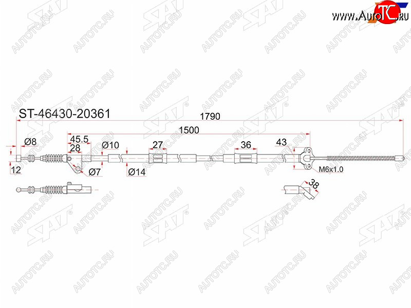 1 249 р. Трос ручника RH SAT Toyota Caldina T210 дорестайлинг универсал (1997-1999) (барабанные тормоза)  с доставкой в г. Йошкар-Ола